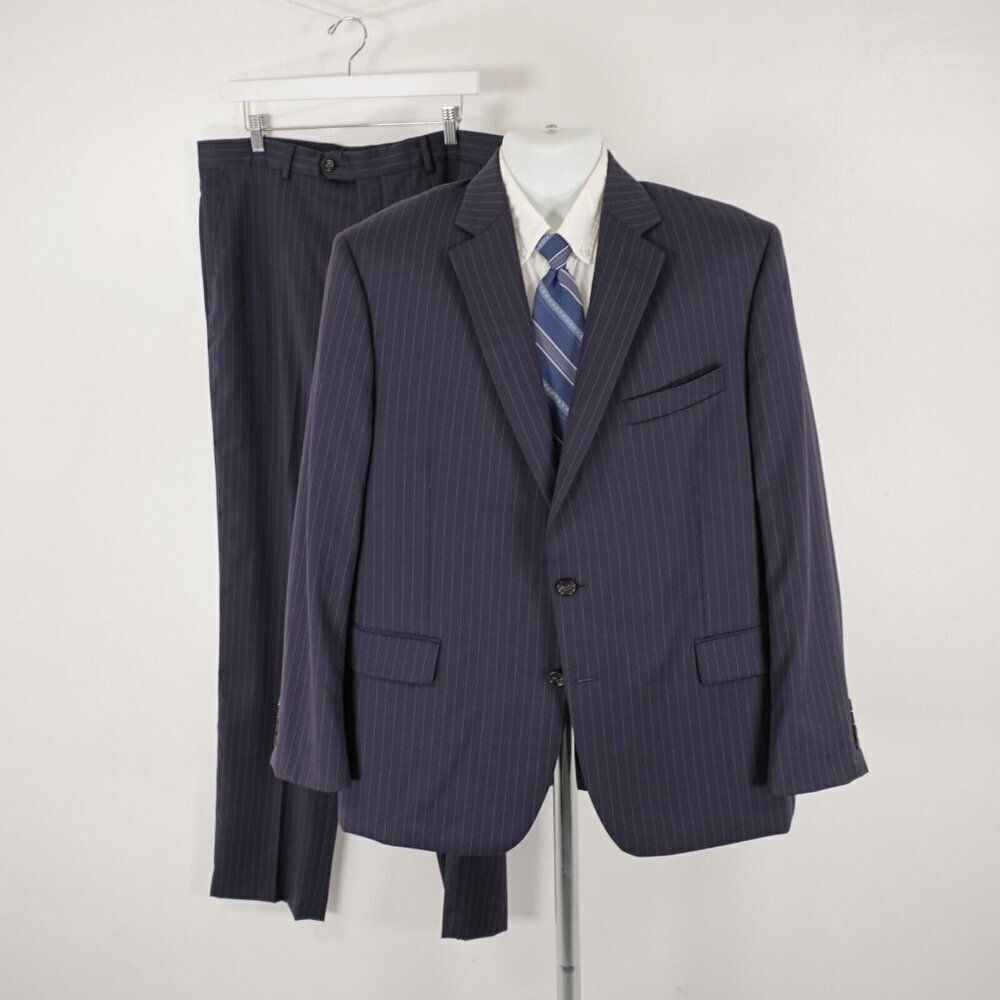 Stafford Super 100s Wool Blue Striped 2 Piece Suit 44R 37/33 Flat Front High Ris